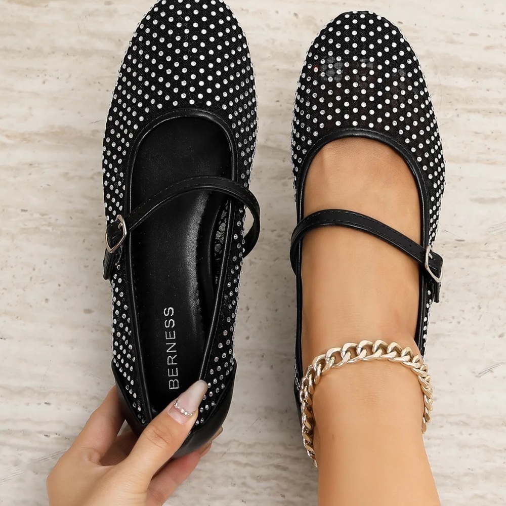 NWOT BERNESS FRIDA BLACK & Rhinestones Mesh Mary Jane Flats Sz. 8 - Picture 4 of 14